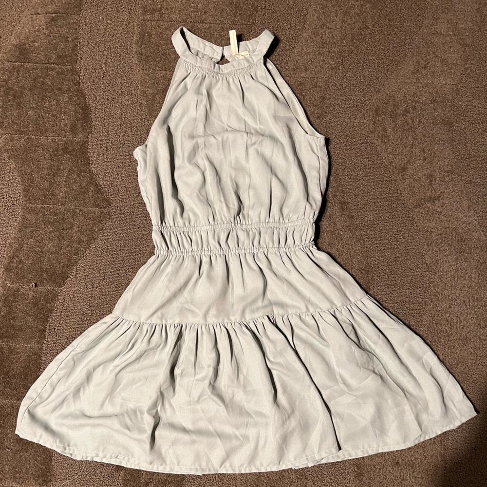 Light Sky Pastel Blue Sleeveless Halter Dress Tiered Fit Flare Open Keyhole Back